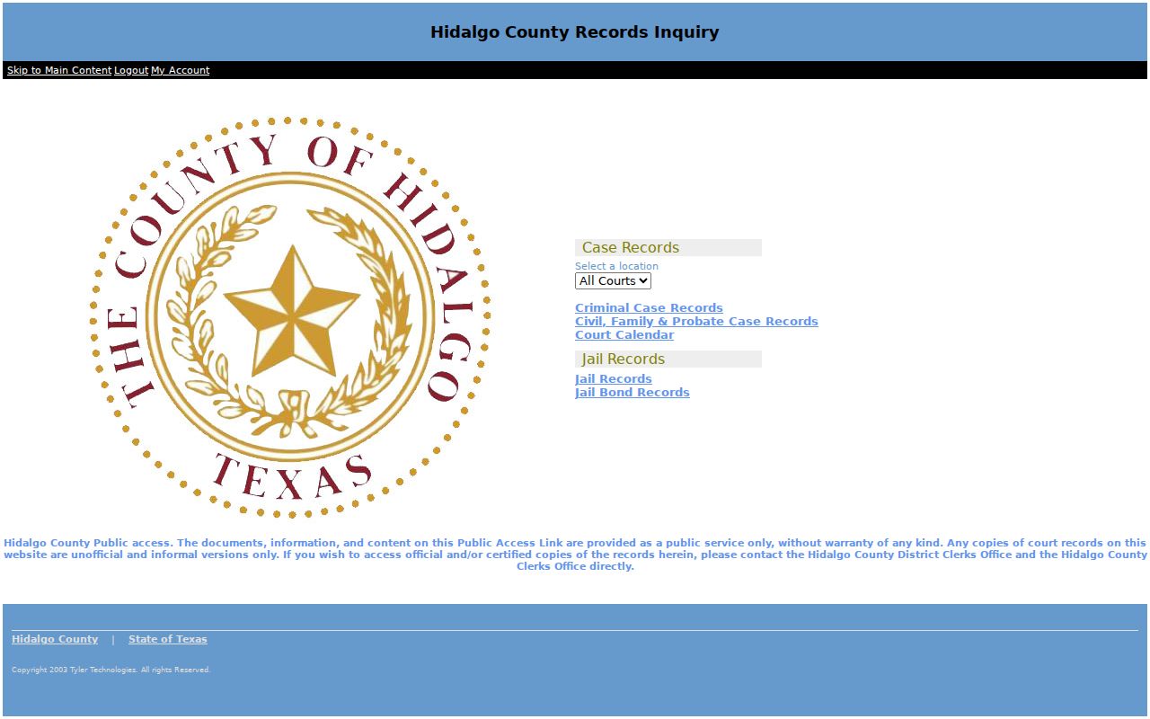 Pharr resident lookup view of Hidalgo court, jail, and bond record categories
